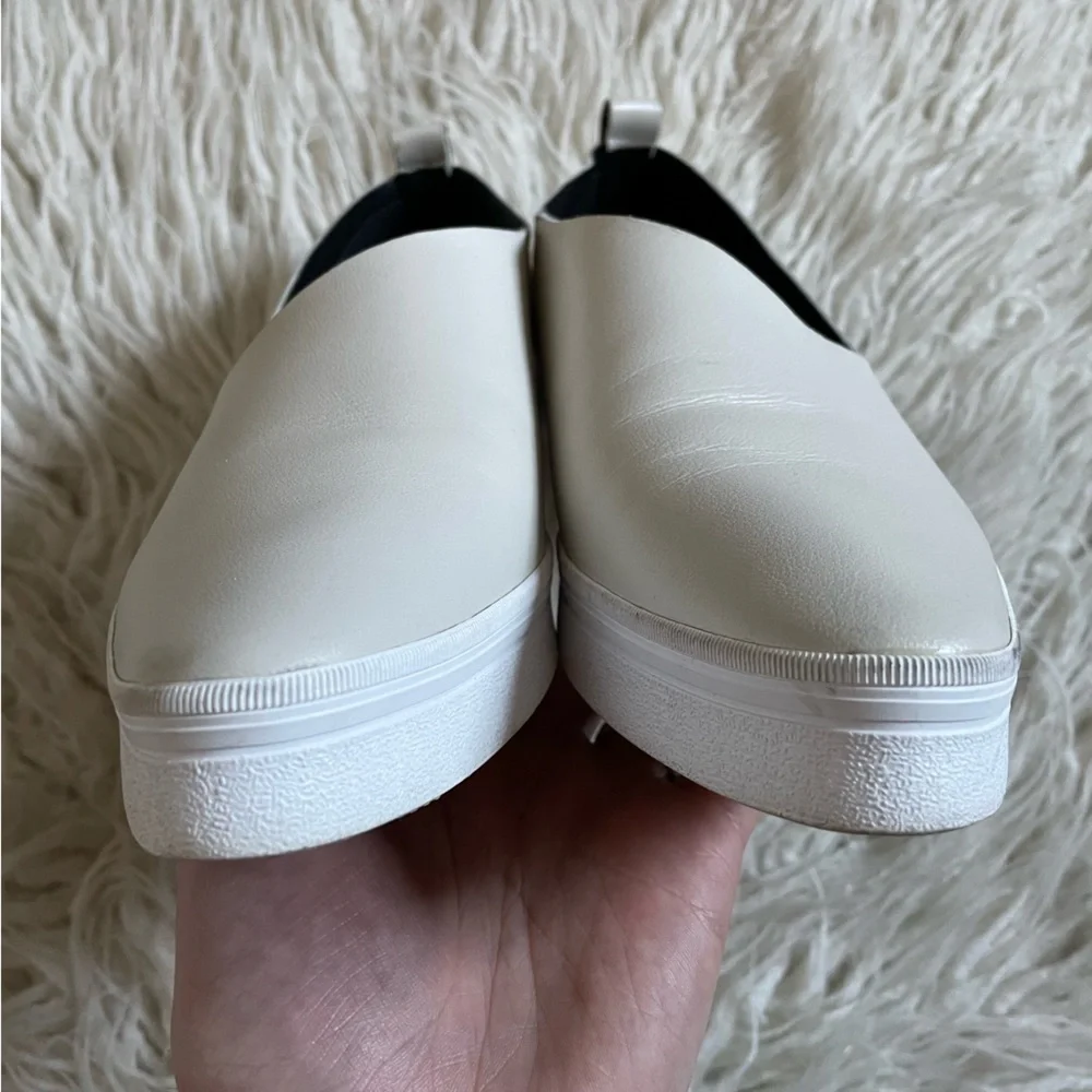 ALL BLACK White Leather Side Scoop Flatform Slip On Sneakers EUC Size 38
